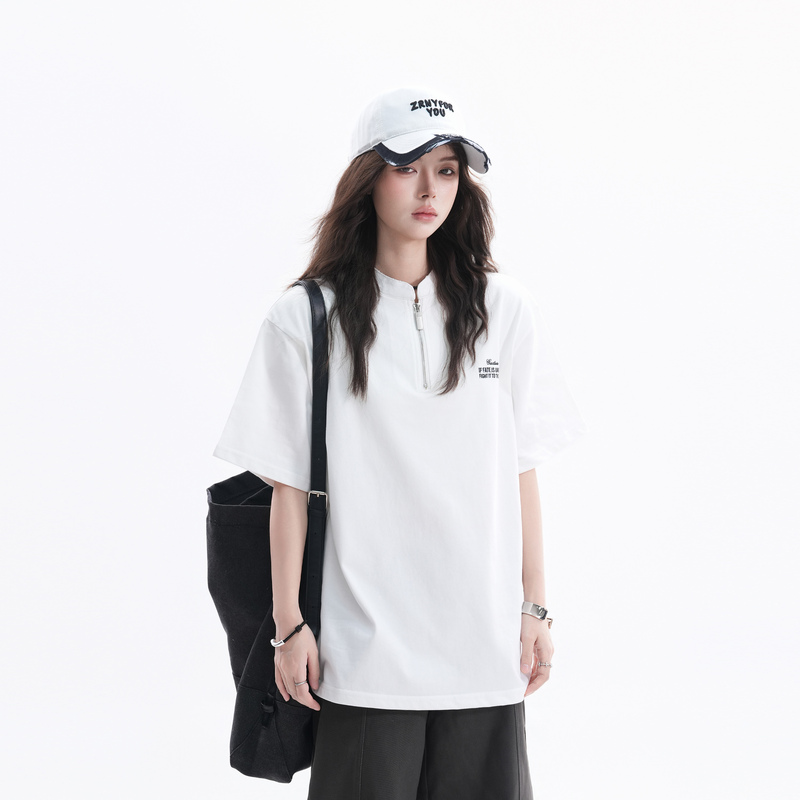 【Sit and Eat and the Mountain Will Empty】Cleanfit Sports Style Embroidered High-Neck Half-Zip Short-Sleeve Summer Couple Heavyweight T-Shirt