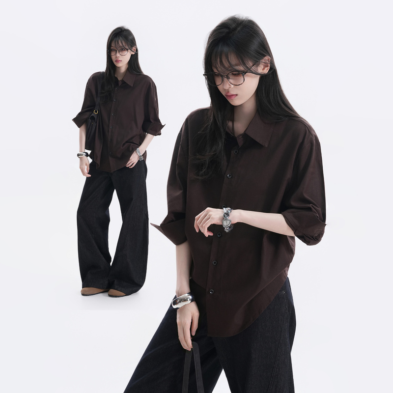 【Waste of Time】Summer High-Fashion Solid Color Five-Quarter Sleeve Shirt for Women, Unique Design, Loose Short-Sleeve Shirt