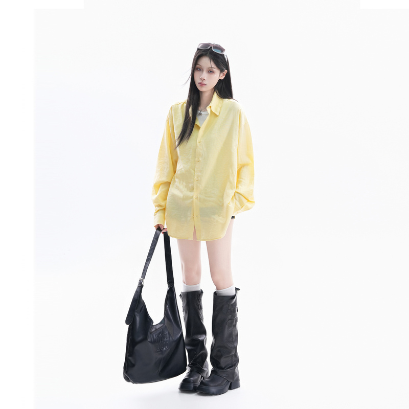 【Sitting on the Couch and Watching the Money Go Away】American Retro Yellow Long-Sleeved Shirt for Women, Summer Sun Protection, Uv Protection, Loose-Fitting Trendy Shirt