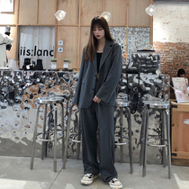  (Sitting and eating mountain air)Korean spring and autumn wide-leg suit pants womens straight high-waist hanging loose thin mopping trousers