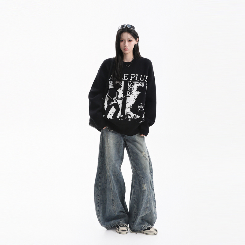 【Sit and Eat Your Way through Life】American Street Rock Musical Note Jacquard Sweater with Loose Round Neck Design Pullover Knitwear