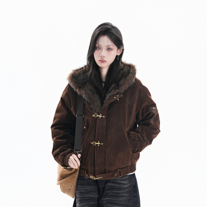 【Sitting on the Mountain and Watching It Empty Out】Autumn and Winter Melard Aircraft Buckle Suede Hooded Cotton Jacket, Winter Warm Zuishan Diao Coat 【Sitting on the Mountain and Watching It Empty Out】Autumn and Winter Melard Aircraft Buckle Suede Hooded Cotton Jacket, Winter Warm Zuishan Diao Coat