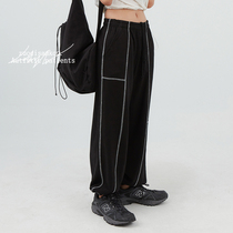  (Sit and eat mountain air)Korean ins high street tie feet loose black open line straight pants casual fried street anti-wear pants