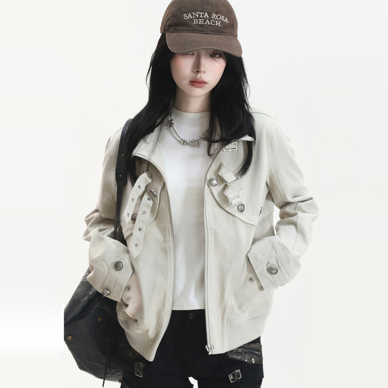 【Sit and Eat and the Mountain Will Empty】American High Street Heavy-Duty Straight-Shoulder Cardigan Jacket with Metal Button Design and Stand Collar Short Jacket 【Sit and Eat and the Mountain Will Empty】American High Street Heavy-Duty Straight-Shoulder Cardigan Jacket with Metal Button Design and Stand Collar Short Jacket