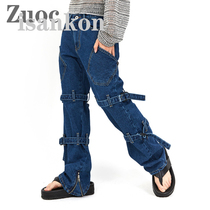  (Sitting and eating mountain air)Korean tooling personality high street dark blue niche jeans street flared pants men and women