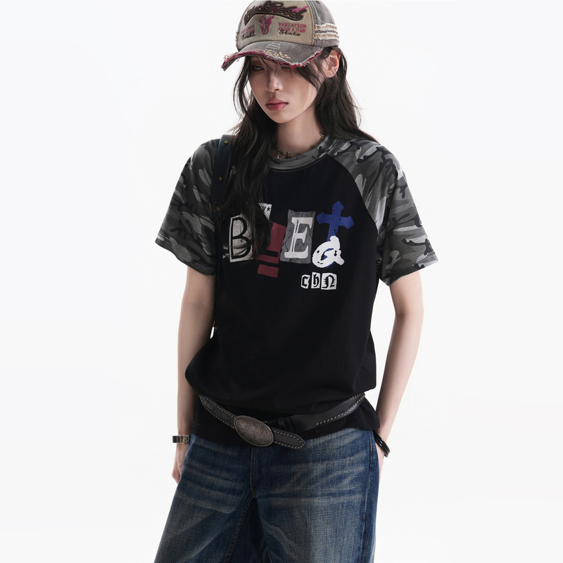 [You Can'T Eat Your Cake and Have It] American Retro Camouflage Raglan Sleeve Printed Slim-Fit Short-Sleeve Women's Summer Hot Girl Sports T-Shirt