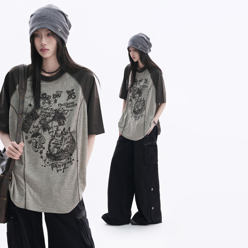 【Sit and Eat and the Mountain Will Empty】American Street Style Hand-Painted Cat Raglan Sleeve Short-Sleeve T-Shirt for Women Oversized Loose Half-Sleeve 【Sit and Eat and the Mountain Will Empty】American Street Style Hand-Painted Cat Raglan Sleeve Short-Sleeve T-Shirt for Women Oversized Loose Half-Sleeve