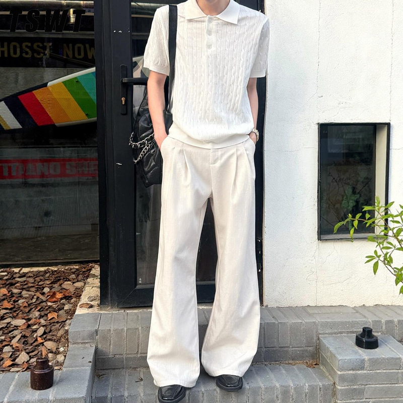 High-End Old Money Style Linen Flared Trousers for Men, New Summer Thin Pleated Drape Dress Pants, Straight-Leg Casual Pants