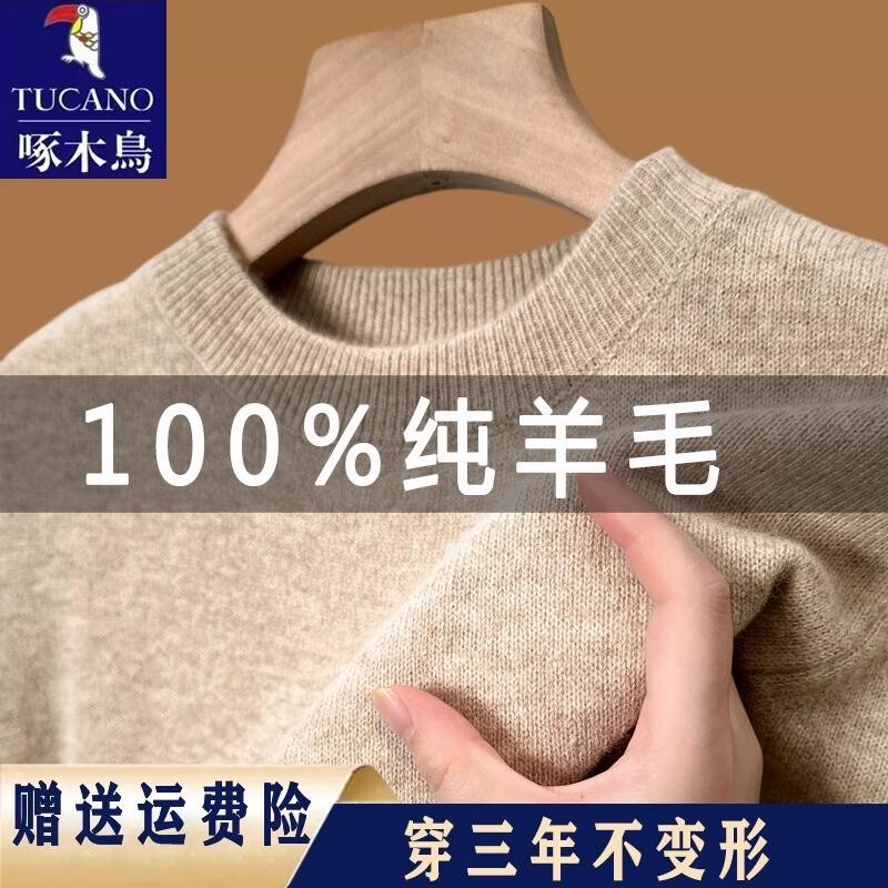 Woodpecker 100% Wool Sweater for Men, New Winter Round Neck Loose Sweater, Thickened and Warm Knitted Cashmere Base Layer