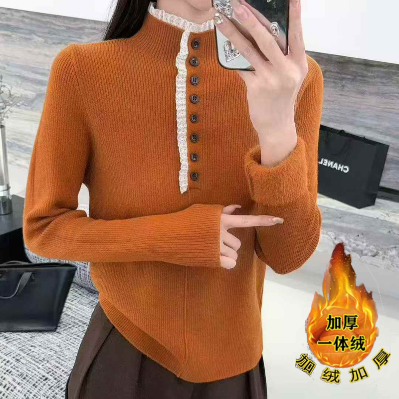 Korean-Style Lace-Trimmed Stand-Up Collar Integrated Fleece Knit Sweater for Women, Autumn and Winter Thickened Warm Sweater, Inner Layer Base Shirt