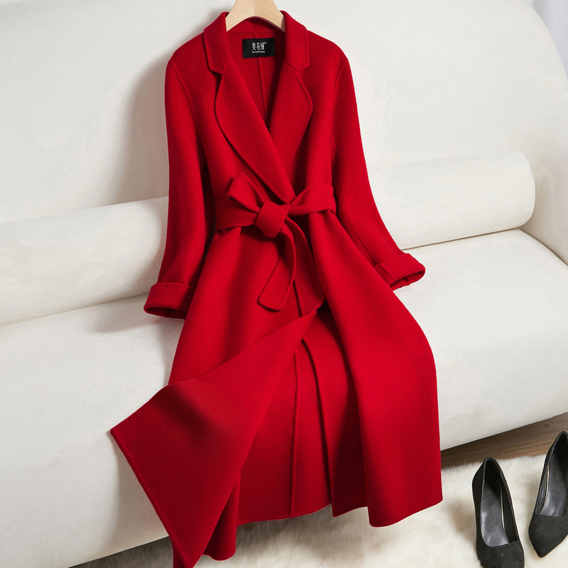 Red Double-Sided Cashmere Coat for Women, Mid-Length for Wedding, 2025 New Style, Slim Fit, High-End Bridal Woolen Coat