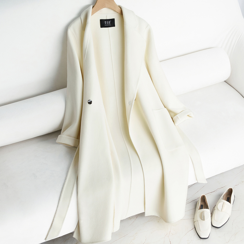 White Double-Sided Wool Coat for Women, Long Style, Petite, Elegant, Slim Fit, Autumn and Winter, High-End Trendy Woolen Overcoat White Double-Sided Wool Coat for Women, Long Style, Petite, Elegant, Slim Fit, Autumn and Winter, High-End Trendy Woolen Overcoat