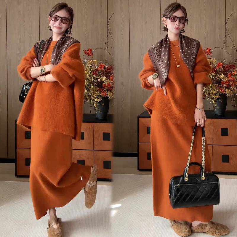 A Complete Set of Ootd Outfits with a High-End Feel, Korean Style, Lazy and Casual, Orange Knitted Sweater and Skirt Suit for Women in Autumn and Winter