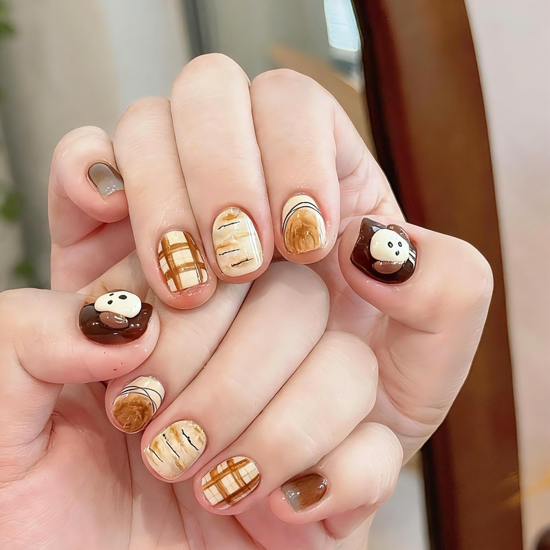 Caramel Puppy Cute Korean Style Autumn and Winter Short Plaid Vintage Cartoon Wearable Nail Art Nail Stickers Phototherapy Finished Product