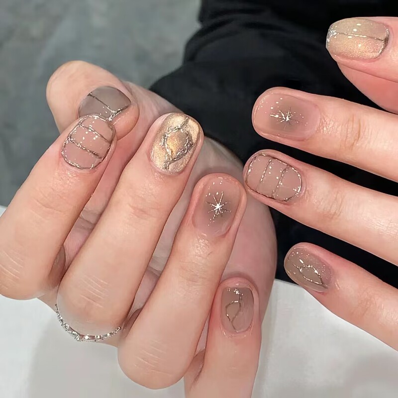 Smoky Sunset Handmade Short Wearable Nails Nude Color Elegant Nail Art Stickers Cat Eye High-End Fake Nail Stickers
