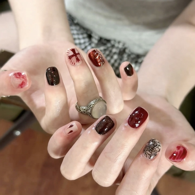 Red Flame Pattern, Red Halloween Handmade Personalized Wearable Nail Art Patches, Punk Dark Style