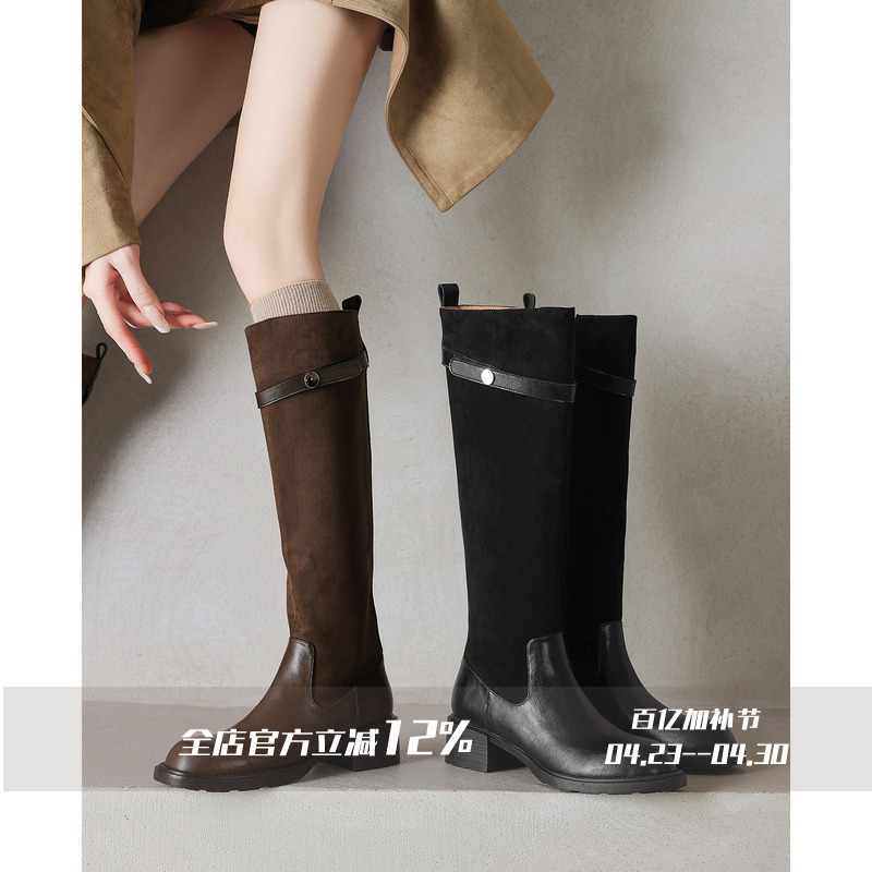 Fairywink Modern Girl~! Chunky Heel Patchwork Riding Boots Women's Suede Western Boots Round Toe Genuine Leather Long Boots