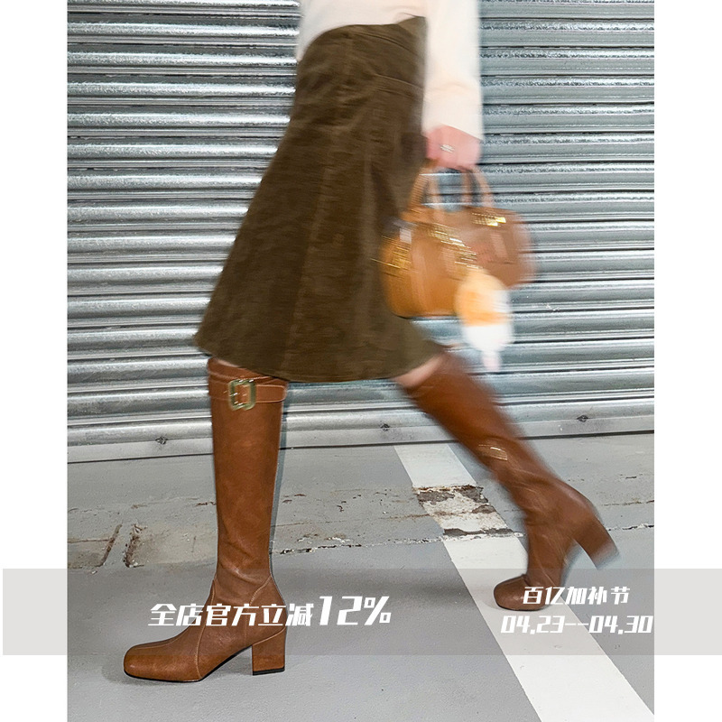 Fairywink Eye-Catching Outfit~! High-Heeled Thick-Soled Belt Buckle Riding Boots for Women, Slimming Over-The-Knee Boots