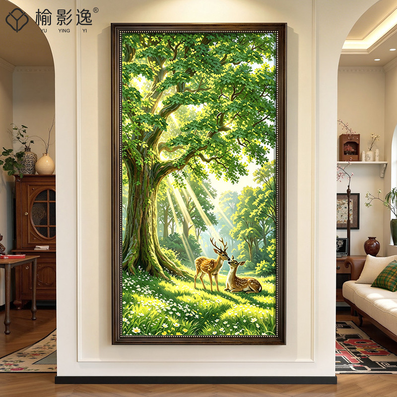 Green Tree Entrance Decoration Painting, American Retro Style Corridor End Hanging Painting, Forest Landscape Painting with the Meaning of Fortune and Prosperity Green Tree Entrance Decoration Painting, American Retro Style Corridor End Hanging Painting, Forest Landscape Painting with the Meaning of Fortune and Prosperity