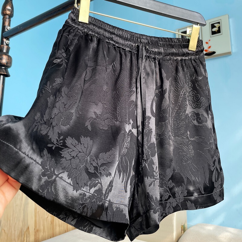 2026 Summer Outerwear Retro Black Casual National Style Acetate Satin Jacquard High-End New Chinese Style White Shorts for Women