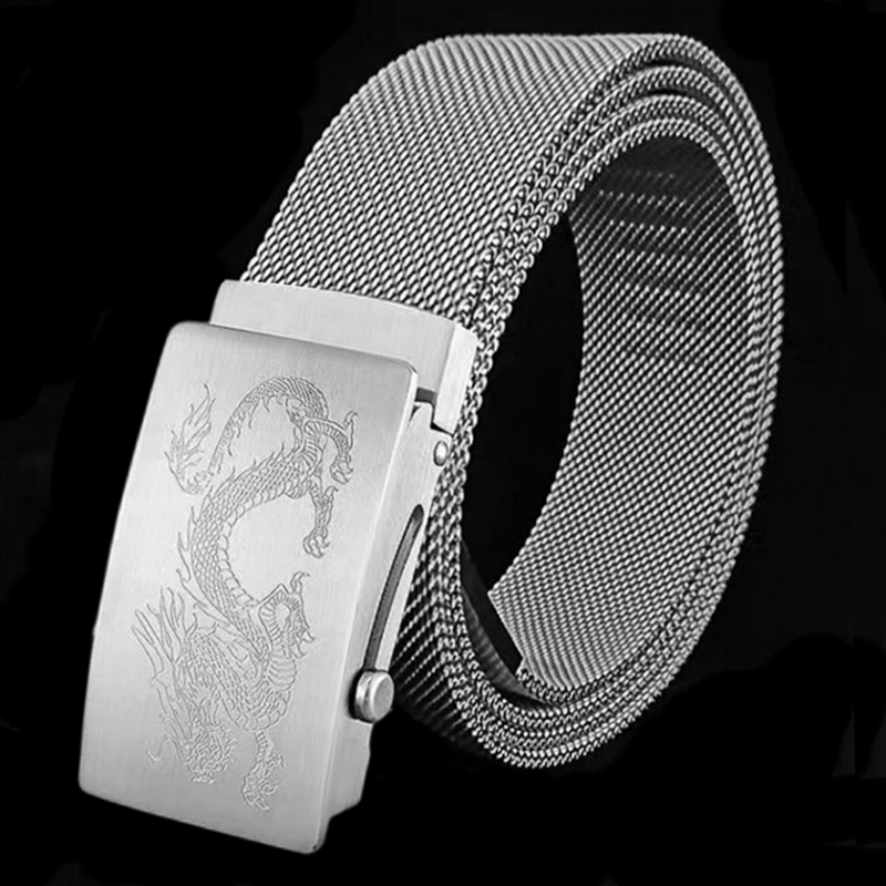 Men's Leather Belt with Stainless Steel Automatic Buckle, Stylish Mesh Weave, Trendy Young Men's Outdoor Self-Defense Belt
