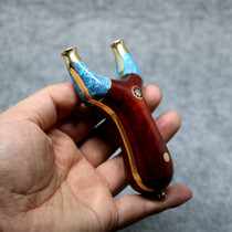 Brass mini palm treasure trumpet slingshot purple rhinoceros sandalwood patch blue turquoise flying Tiger solid wood flat leather tendon