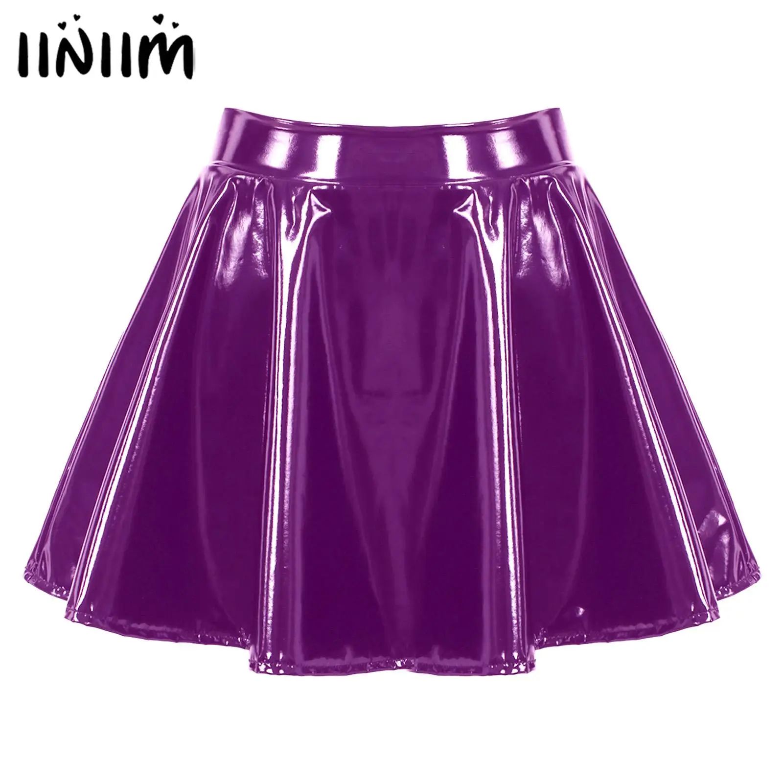 Womens Glossy Patent Leather Flared Miniskirt Dance Performa