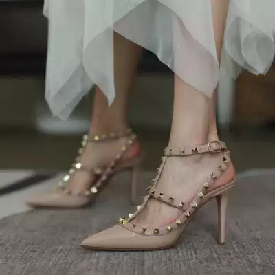 2021 Spring/Summer New Rivet Pointed Heels Two Belt Super High Mid-Heeled Heels Slim Heel Strap Leather Sandals Women's Shoes