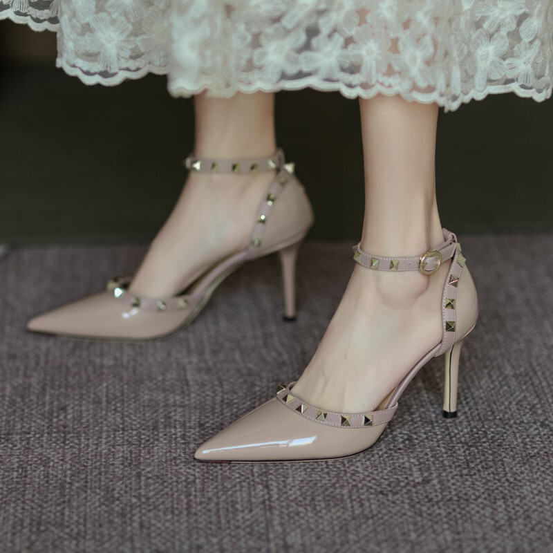 2026 Spring/Summer New Style Rivet Buckle High Heels Pointed Toe Stiletto Closed Toe Closed Heel Single Shoes Genuine Leather Sandals for Women