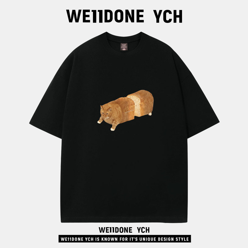 We11Done Ych American Style Bread Cat Short-Sleeved T-Shirt for Men and Women Loose-Fitting Couple Trendy Brand Black Top Summer