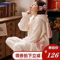 Pajamas Dressing Woman Thickened Winter Coral Suede Gush Autumn Winter New Plush Cute Home Conserved Winter Flannel Suede Suit