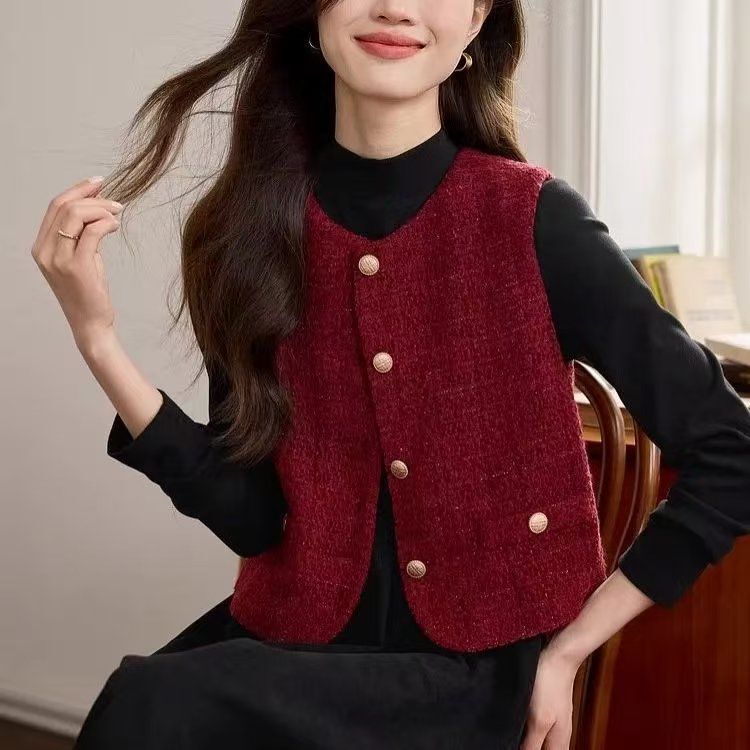 Red Vest for Outerwear 2026 New Style Sleeveless Tweed Vest Fashionable Chic Jacket Waistcoat Tweed Top