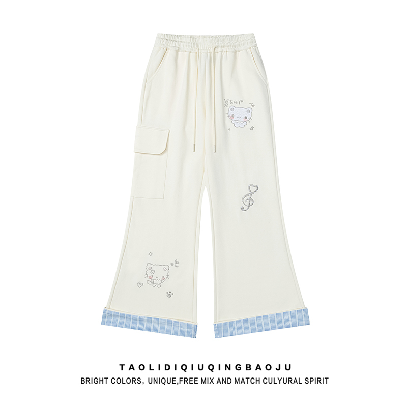 Cute and Adorable Kitten Embroidered Flared Sweatpants for Women, Spring Season, Loose Fit, Slimming, Plaid Patchwork, Rolled Hem Casual Pants