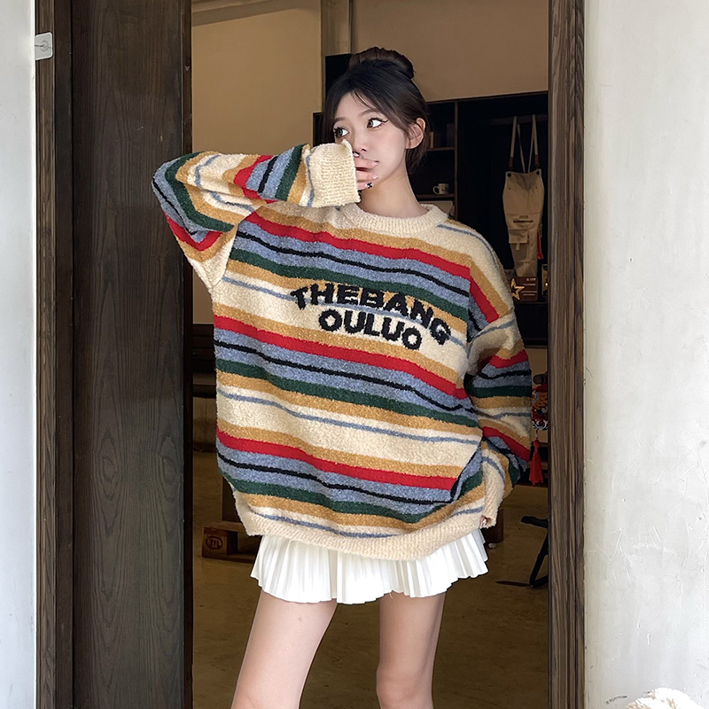 Japanese Retro Colorful Striped Crew Neck Sweater for Women 2025 New Style Lazy Loose Fit Boyfriend Versatile Soft Knitwear Japanese Retro Colorful Striped Crew Neck Sweater for Women 2025 New Style Lazy Loose Fit Boyfriend Versatile Soft Knitwear