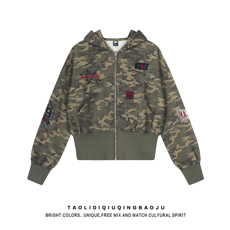 American-Style Embroidered Camouflage Cardigan Hooded Sweatshirt for Women 2026 New Street Hip-Hop Versatile Loose Zipper Jacket