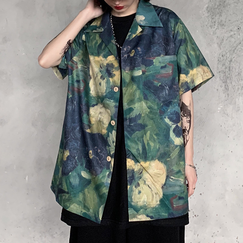 Summer dress new day series retro-stained oil painting with full printed loose sense short sleeve shirt blouses women ins Chauded
