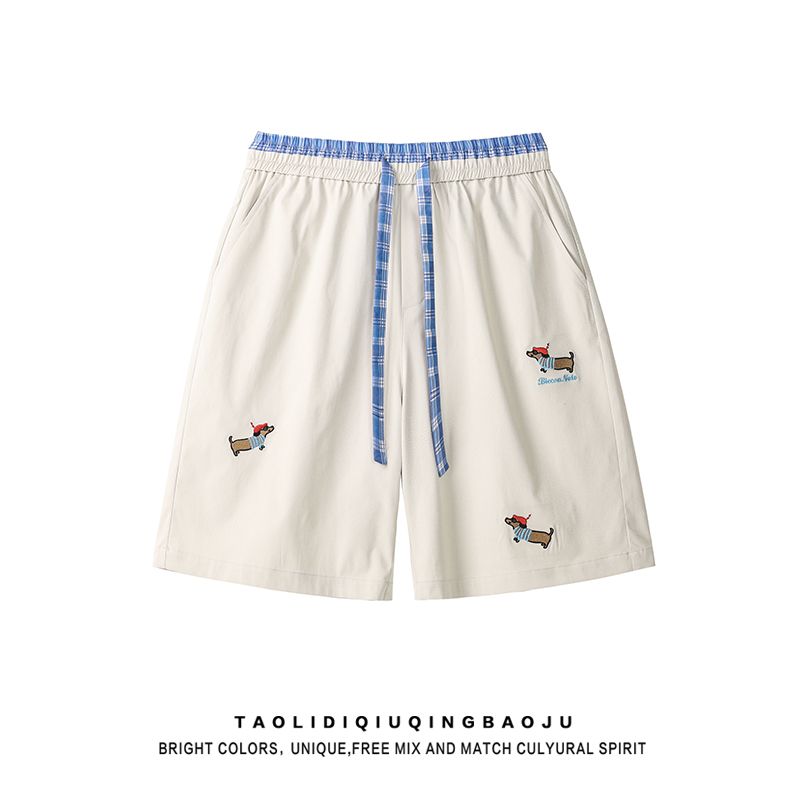 American-Style Puppy Embroidery Plaid Patchwork Casual Shorts for Women, Summer College Style Loose Couple Sports Shorts