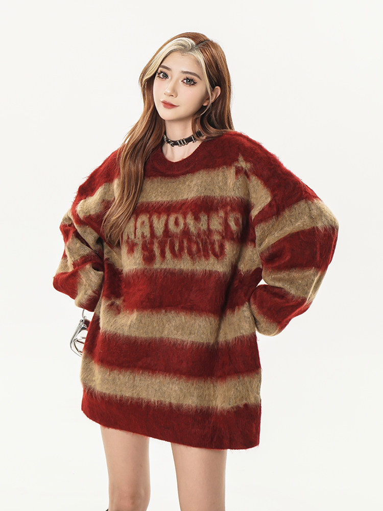 American ancient streaks with striped mink sweater 2023 new exploits and autumn winter couples lazy outside wearing knitted blouses-Taobao