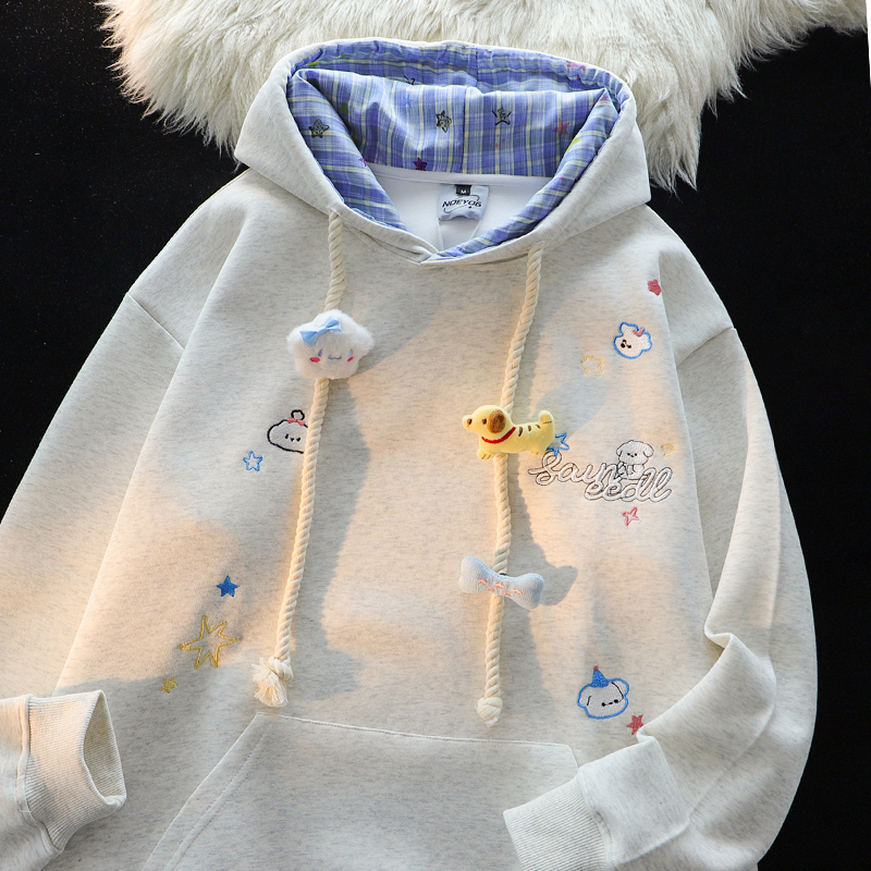 Cute Embroidered Puppy Plaid Hooded Sweatshirt for Women, Autumn Loose Lazy Style Chic Trendy Brand Couple Hoodie Jacket