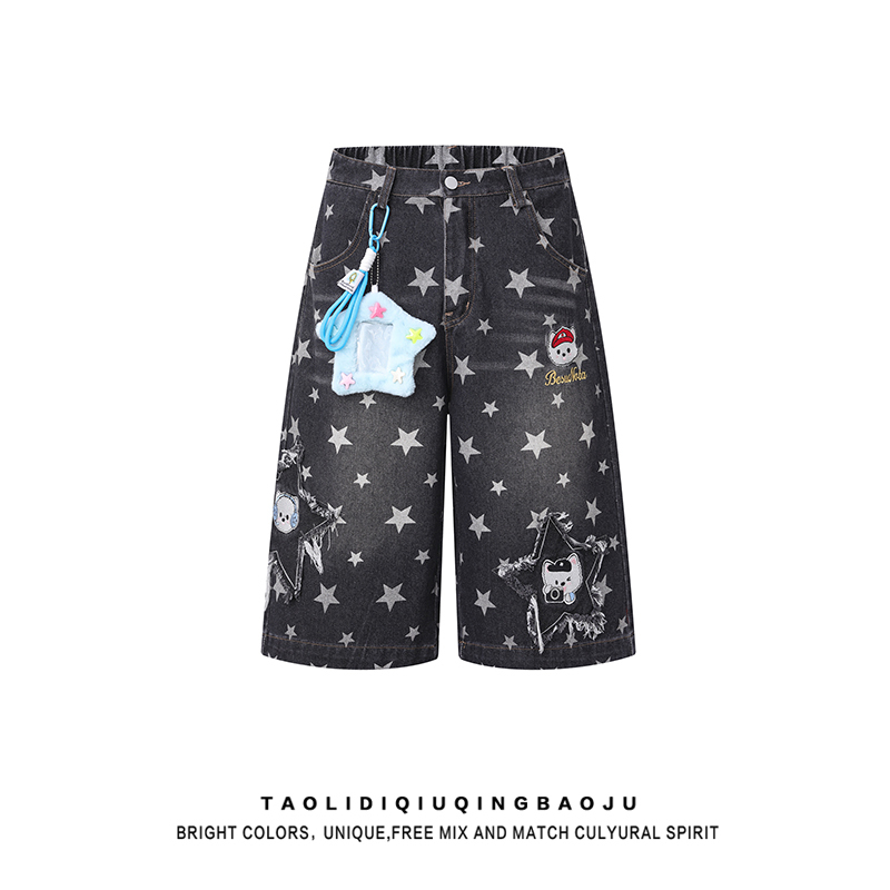 American-Style Full-Print Star Patchwork Cropped Jeans for Women, Summer Street Style, Loose High-Waisted, Slimming, Figure-Flattering Wide-Leg Mid-Length Pants