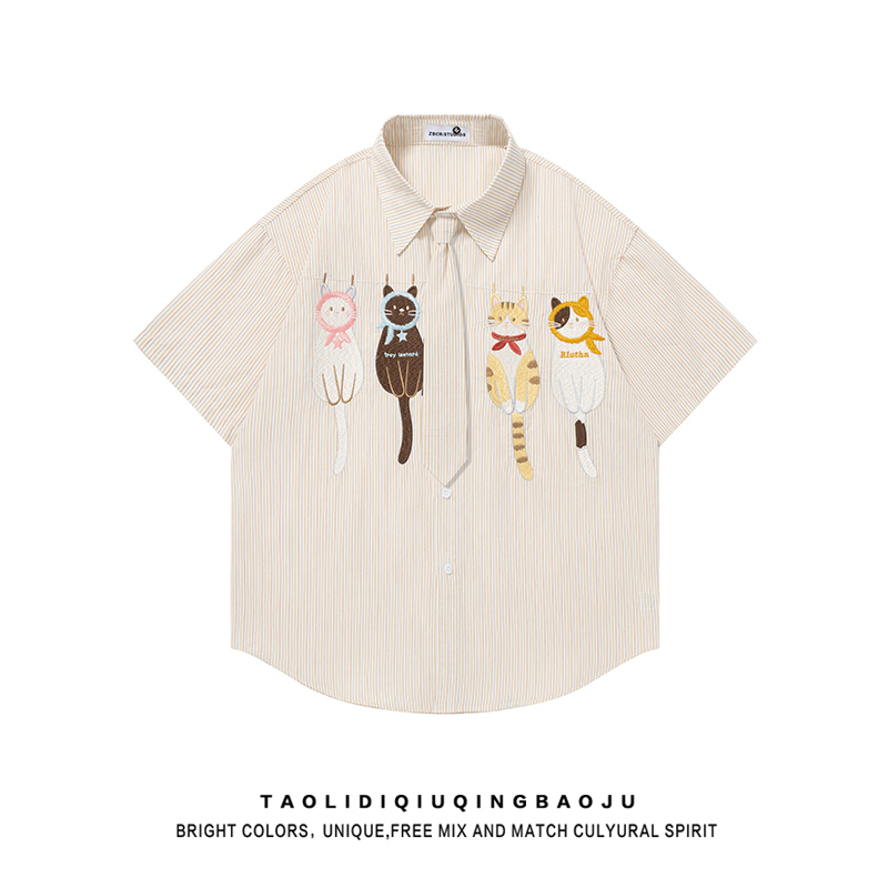 Japanese Retro Cat Embroidery Striped Short-Sleeve Shirt for Women, Loose Bf Style, Lazy Casual Versatile Tie Shirt