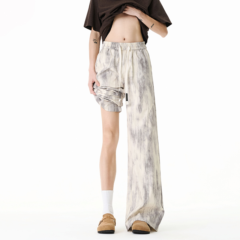 Apricot-Colored American-Style Deconstructed Tie-Dye Scimitar-Cut Wide-Leg Pants for Women, Summer Vintage Loose Slimming Ice Silk Drape Casual Pants