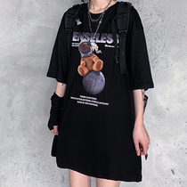 Short sleeve T-shirt summer 2021 new female ins tide American nasa astronaut bear printed loose black coat