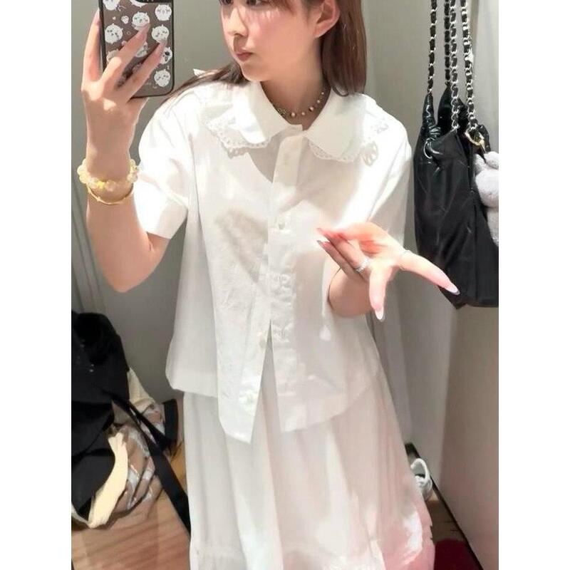 Japan's April New Arrivals ~ Saturn Embroidery Doll Collar Lace Short-Sleeve Shirt, Small White Slim-Fit Short Top