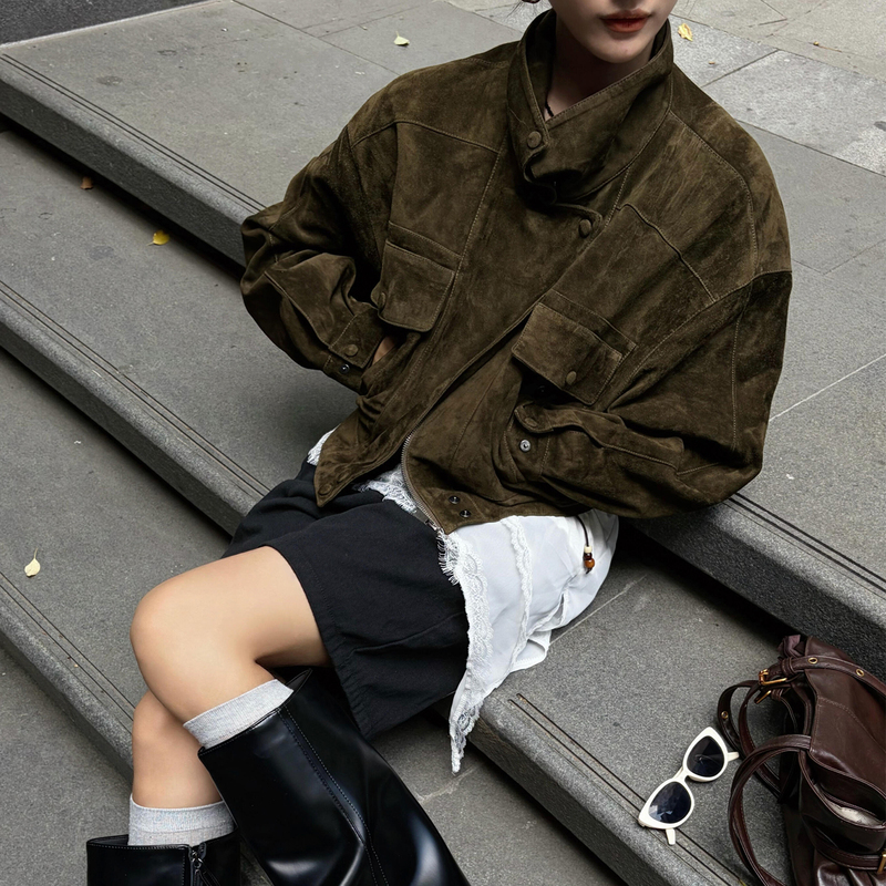 Retro Workwear Style Lapel Suede Leather Jacket for Women 2026 High-End Loose Short Jacket for Small People