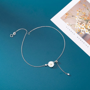 S925 スターリングシルバー女性シェルデイジーアンクレット日本と韓国の花新鮮な森白シングルダイヤモンド調節可能なアンクレットジュエリー