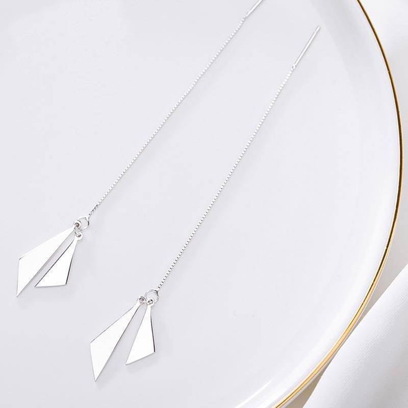 S925 Silver Triangle Ear Wire with long personality ear with pure silver ear crash Korea's simple earring super fairy chain