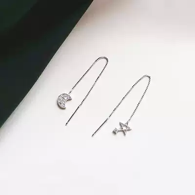 S925 Sterling Silver Star Moon ear refining Korean temperament female long version star Moon asymmetry is not easy allergic earrings jewelry
