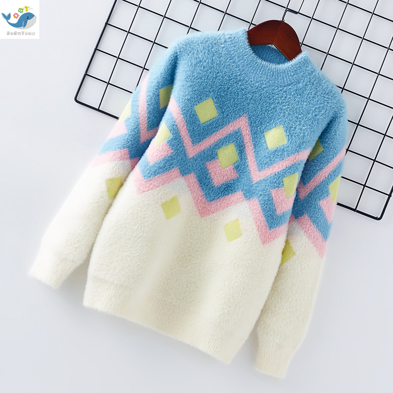 Girls sweater pullover 2021 new autumn and winter children's bottoming shirt Western style plus velvet thickened boy's Western style knitted sweater