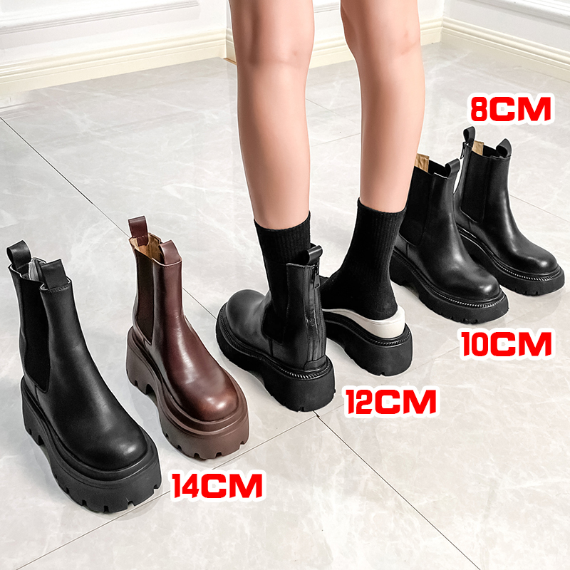 14cm Height-Increasing Martin Boots for Women, Thick-Soled Short Boots for Petite Figures, Autumn Chelsea Boots, 10cm Genuine Leather Chimney Boots